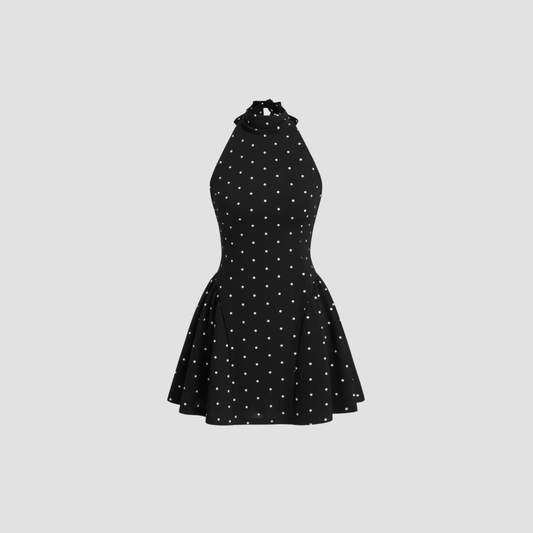 Black Polka Dot Halter Neck Flared Dress