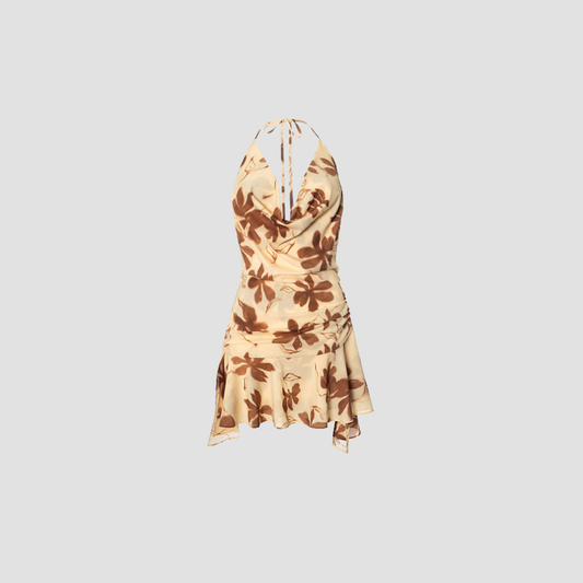 Beige Floral Halter Neck Cowl Dress