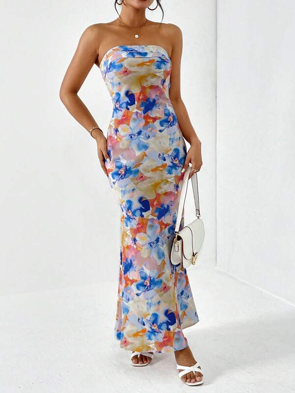 Floral Elegance Draped Tube Dress