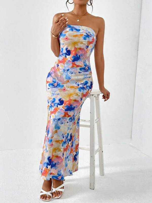 Floral Elegance Draped Tube Dress