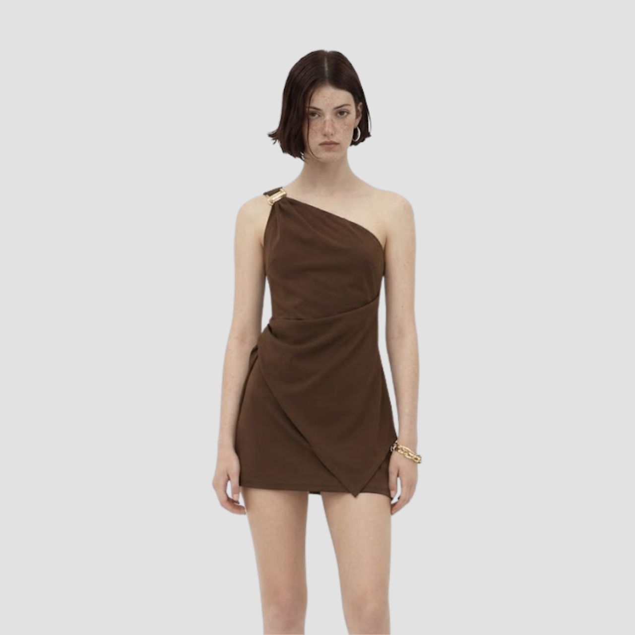 Brown One-Shoulder Draped Mini Dress