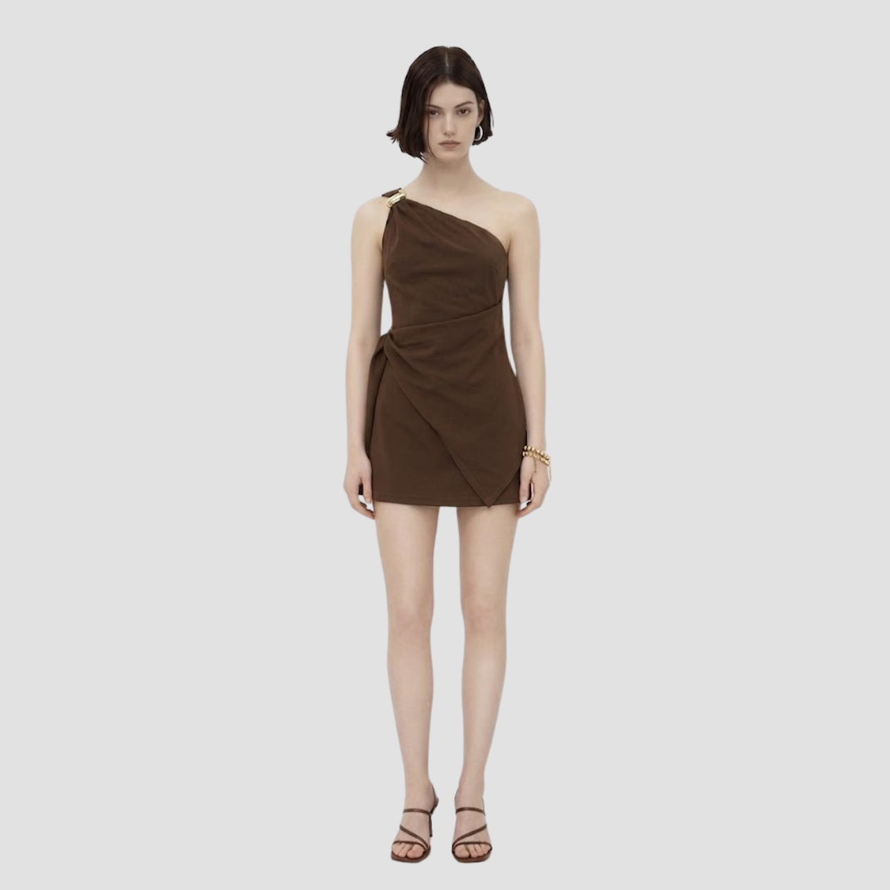 Brown One-Shoulder Draped Mini Dress
