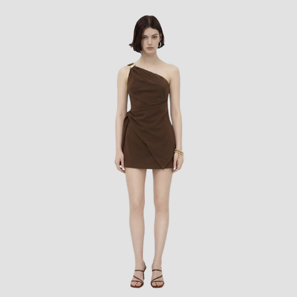 Brown One-Shoulder Draped Mini Dress