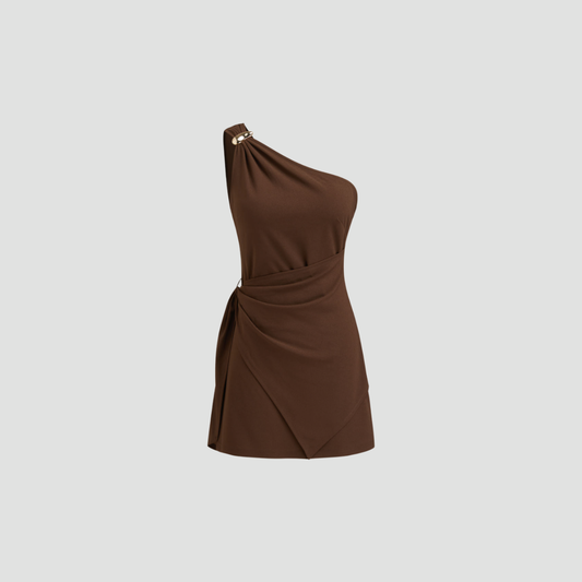 Brown One-Shoulder Draped Mini Dress