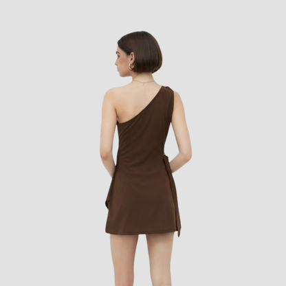 Brown One-Shoulder Draped Mini Dress