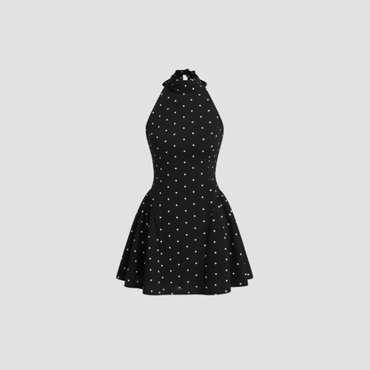 Black Polka Dot Halter Neck Flared Dress