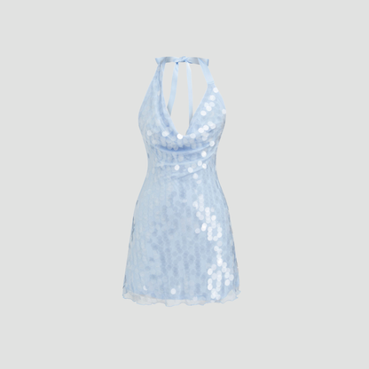 Shimmering Light Blue Halter Sequin Dress