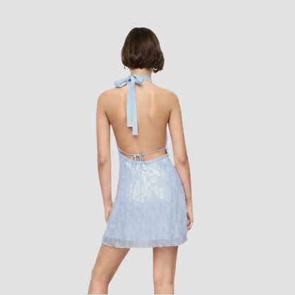 Shimmering Light Blue Halter Sequin Dress