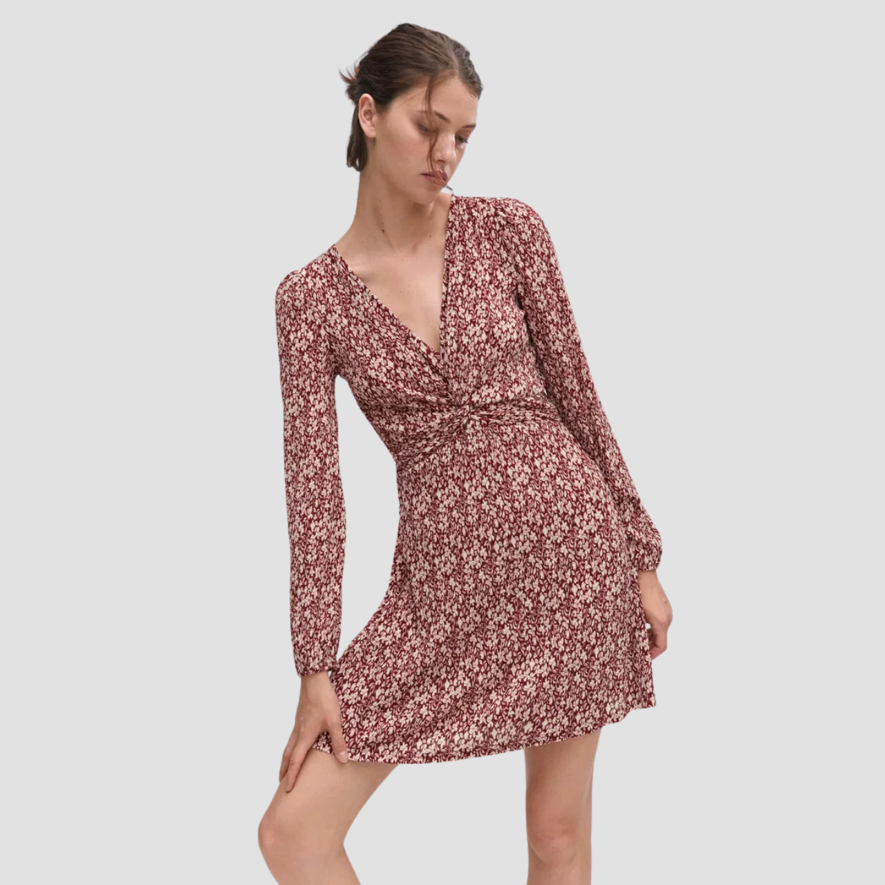 Red Floral Long Sleeve V-Neck Dress