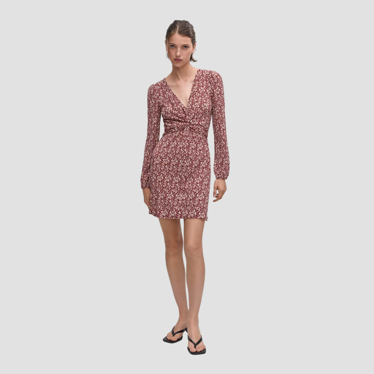 Red Floral Long Sleeve V-Neck Dress
