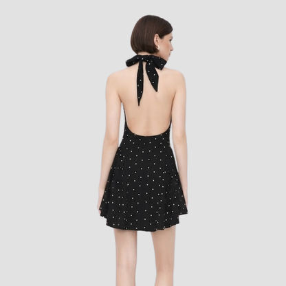 Black Polka Dot Halter Neck Flared Dress