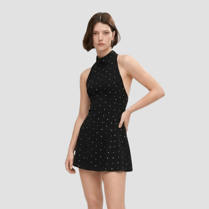 Black Polka Dot Halter Neck Flared Dress