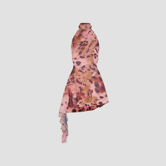 Pink Floral Satin Halter Neck Dress