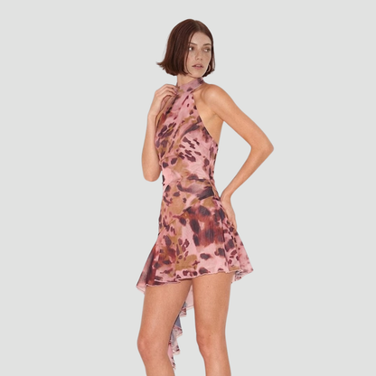 Pink Floral Satin Halter Neck Dress