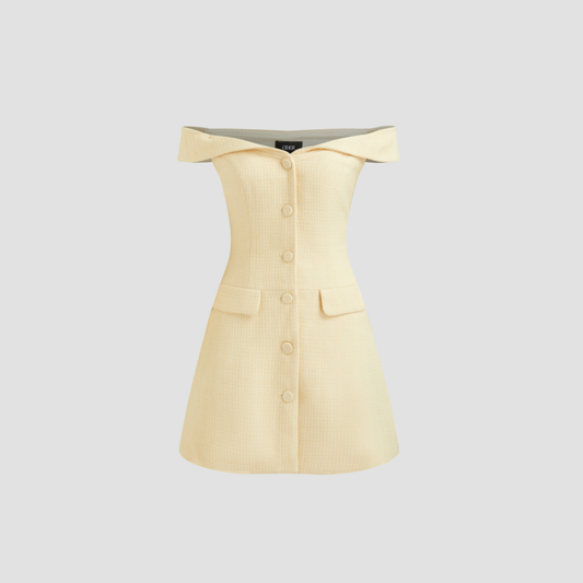 Cream Off-Shoulder Buttoned A-Line Dress