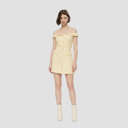Cream Off-Shoulder Buttoned A-Line Dress
