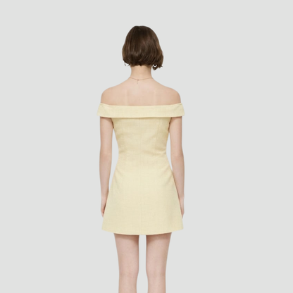 Cream Off-Shoulder Buttoned A-Line Dress