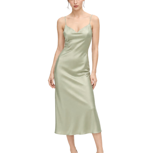 Sage Satin-Effect Slip Dress – worn by model, studio view