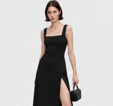 Black square-neck slit midi dress styled on a model