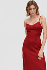 Ruby red sweetheart-neckline dress worn by a model