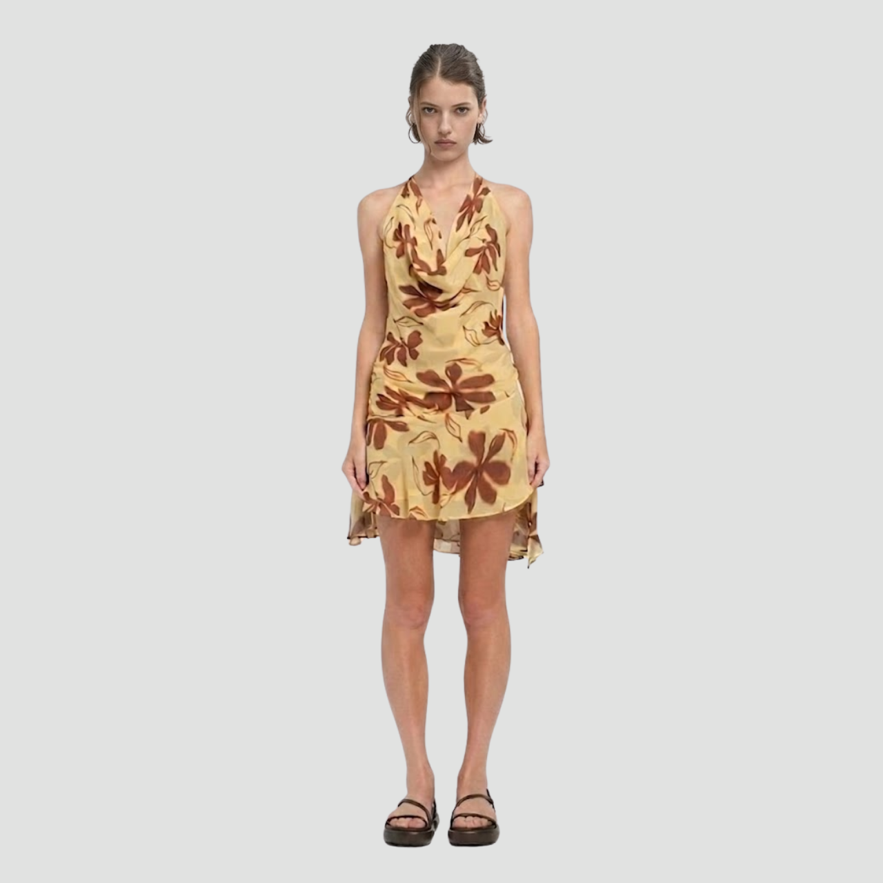 Beige Floral Halter Neck Cowl Dress