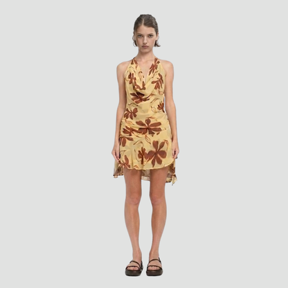 Beige Floral Halter Neck Cowl Dress