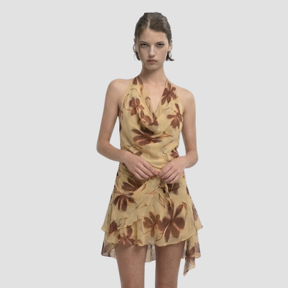 Beige Floral Halter Neck Cowl Dress