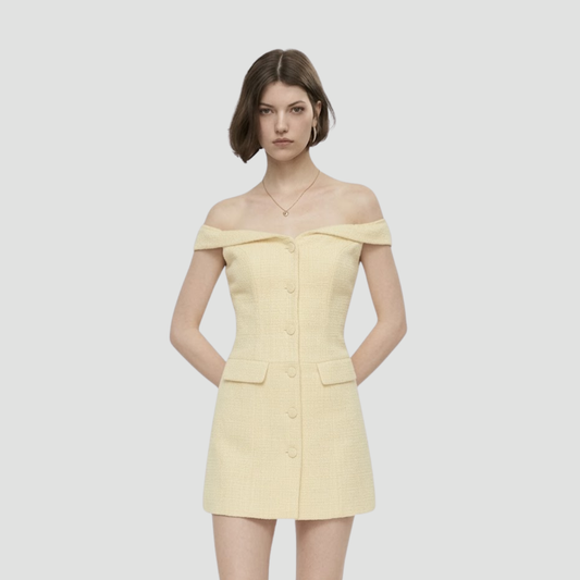 Cream Off-Shoulder Buttoned A-Line Dress